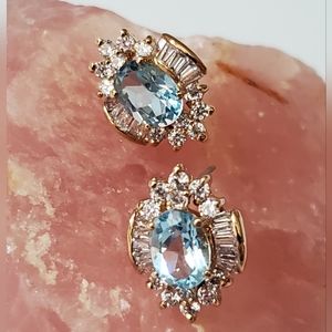 Topaz earrings tourmaline baguettes oval ice blue Genuine natural pierced gold